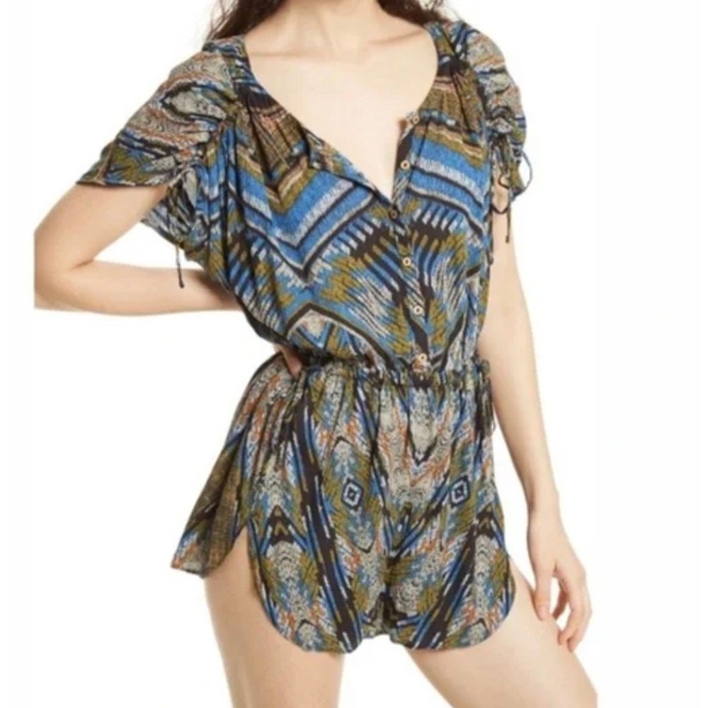 Free People Romper Womens XS Blue Geometric Tribal Boho Button Front OB602384